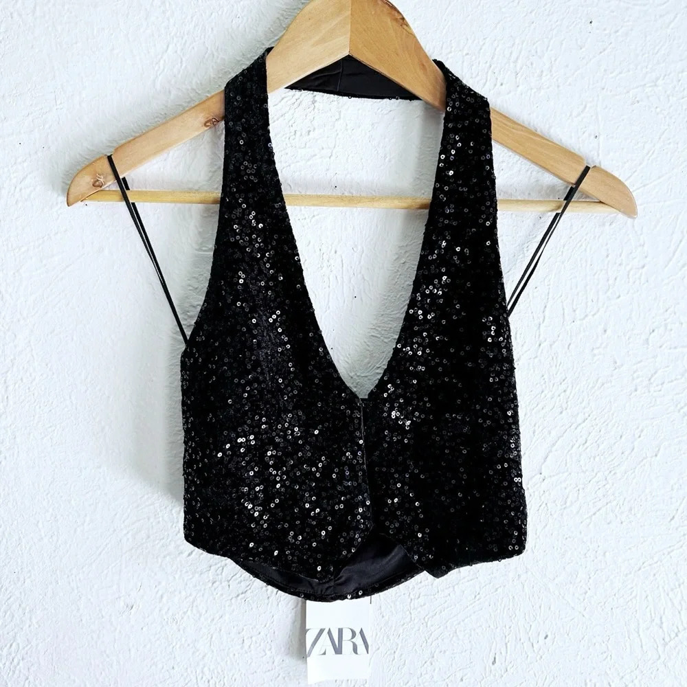 Zara Sequin Halter Vest Top Black Sz XS NWT